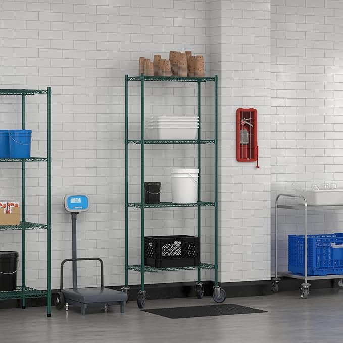Commercial NSF Listed Green Epoxy Mobile Wire Shelving Kit 14" x 30" x 80", with 4 Shelves Perfect for Warehouse, Walk-in Refrigerator, Freezer, Grocery Store, Restaurant, Dishroom