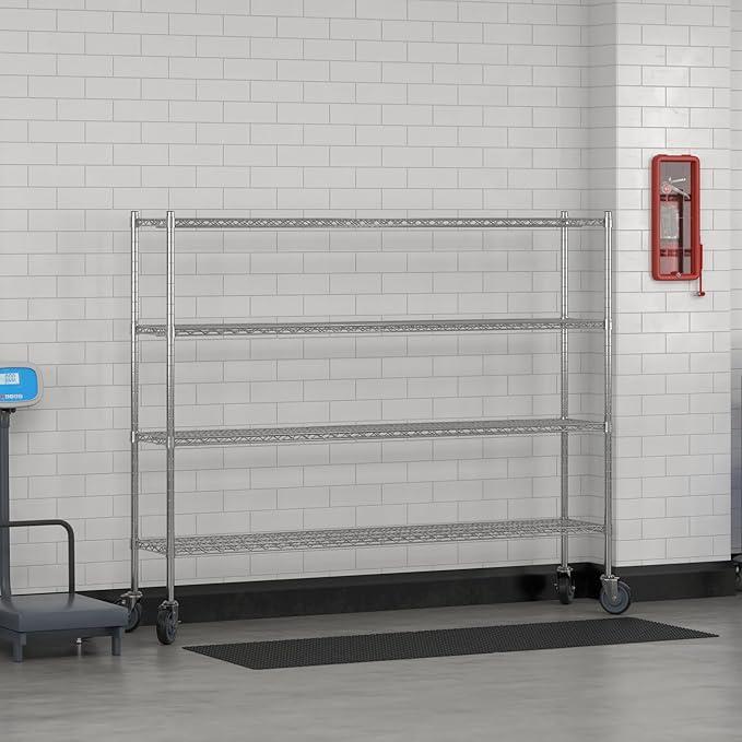 Commercial NSF Listed Chrome Mobile Wire Shelving Kit 14" x 72" x 60", with 4 Shelves Perfect for Warehouse, Walk-in Refrigerator, Freezer, Grocery Store, Restaurant, Dishroom