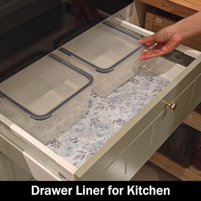 Amiitay Blue Floral Shelf and Drawer Liner for Kitchen,12IN x 20FT Non-Adhesive and Strong Non-Slip Peony Cabinet Drawer Liners for Kitchen Shelf, Waterproof Cupboard Liners,Easy to Clean