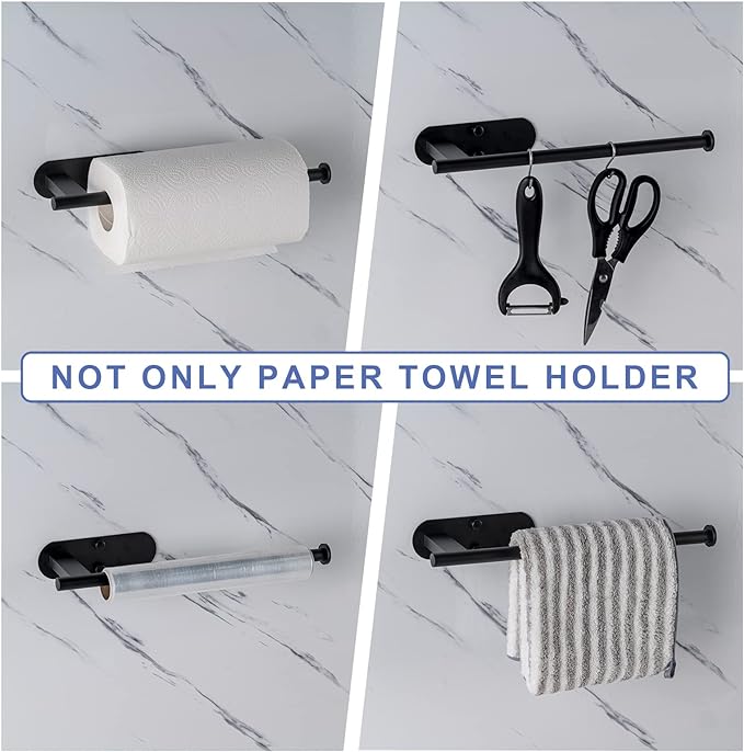 Paper Towel Holder, Upgrade SUS304 Stainless Steel Paper Towel Holder Under Cabinet, Bend-Resistant, Self-Adhesive or Drill mounting (Black)