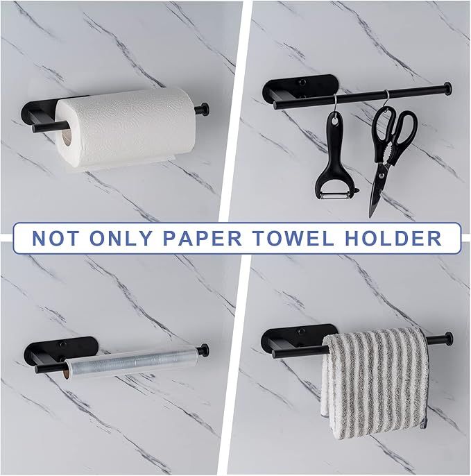 Paper Towel Holder, Upgrade SUS304 Stainless Steel Paper Towel Holder Under Cabinet, Bend-Resistant, Self-Adhesive or Drill mounting (2 Black)
