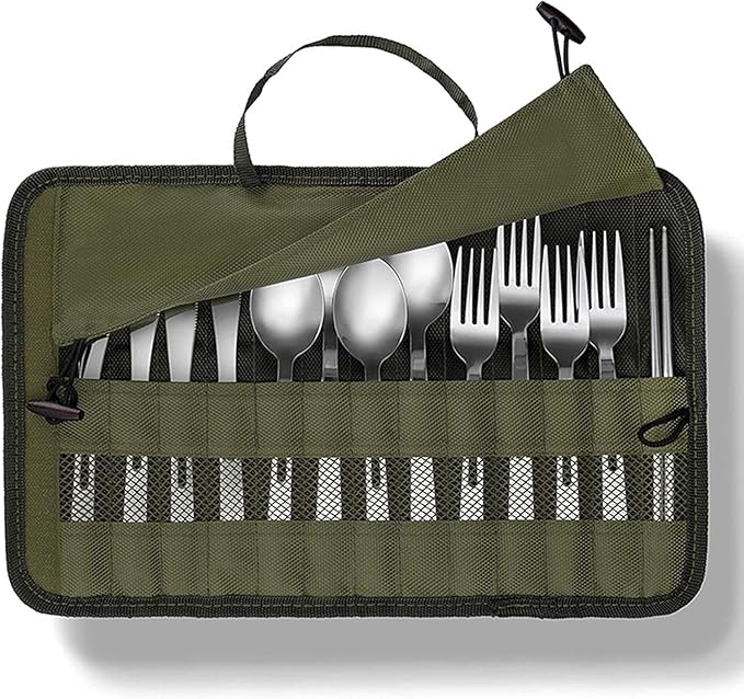 Cutlery Storage Bag,Portable Polyester Roll Up Pouch Bag For Forks, Spoons, Chopstick,Water Resistant Storage Kitchen Cooking Utensil Set Travel Organizer, Army Green