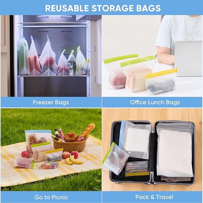 Lerine 6 Pack Reusable Gallon Freezer Bags Silicone Stand-Up Dishwasher Safe, BPA-Free Reusable Gallon Bags, Leakproof Food Storage Bags for Meat Vegetables Bread Travel (Gray)