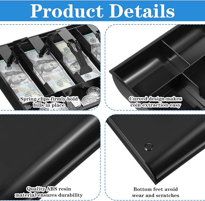 2 Pcs Cash Register Drawer Insert Tray Organizer with 5 Bill/4 Coin Compartments for Money Storage, Black
