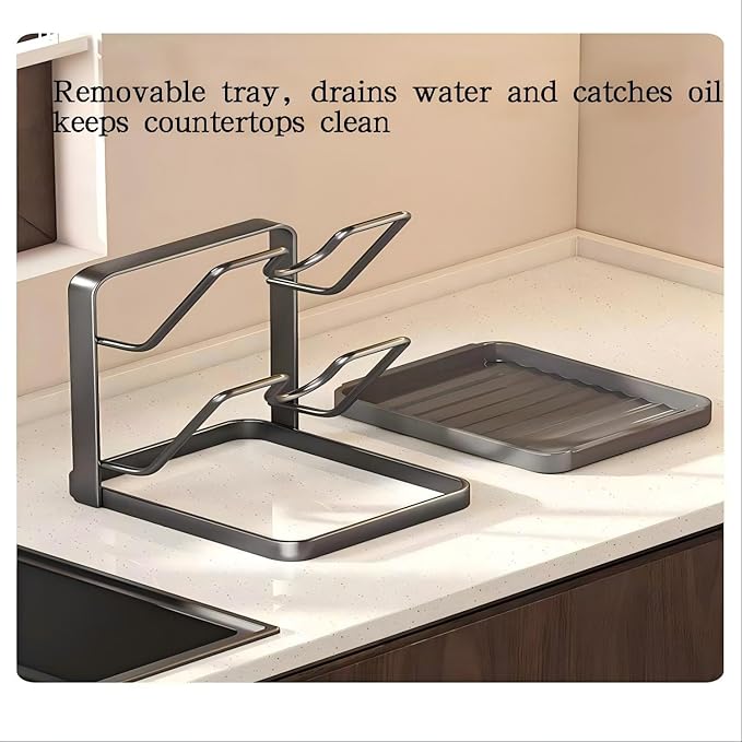 Pot Lid Organizer, Pot Lid Holder, Kitchen Pots Lids Storage Rack, Pots Cover Holder Rack, Pan Lids Holders While Cooking, For Various Lids and Utensils, With Removable Drip Tray (White-A)