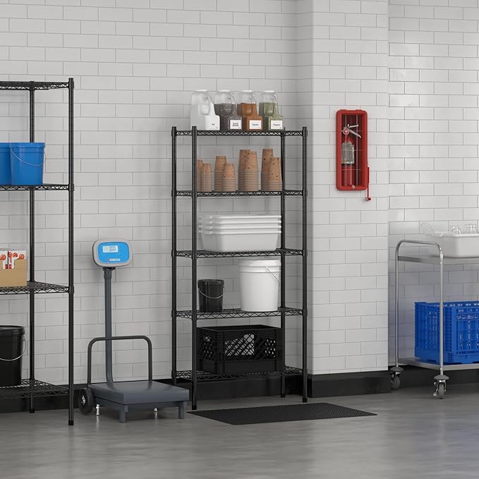 Commercial NSF Listed Black Epoxy Stationary Wire Shelving Kit 12" x 30" x 64", with 5 Shelves Perfect for Warehouse, Walk-in Refrigerator, Freezer, Grocery Store, Restaurant, Dishroom
