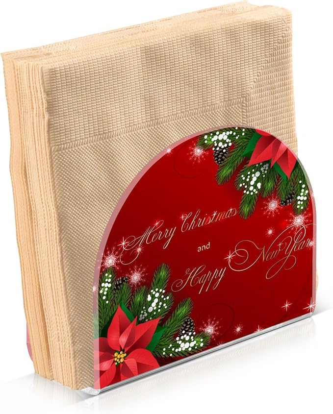 Christmas Fir Red Poinsettia Flowers Napkin Holder for Table Paper Napkins Holder Acrylic Tissue Dispenser Kitchen Dining Room Bathroom Party Car Decor