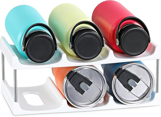 LANDNEOO Stackable Water Bottle Organizer Holder - for Stanley & Others' Large Tumbler Organization - White Plastic Wine Rack, Bottle Holder for Home Countertop Fridge Pantry Shelf, 2 Tier Hold 6