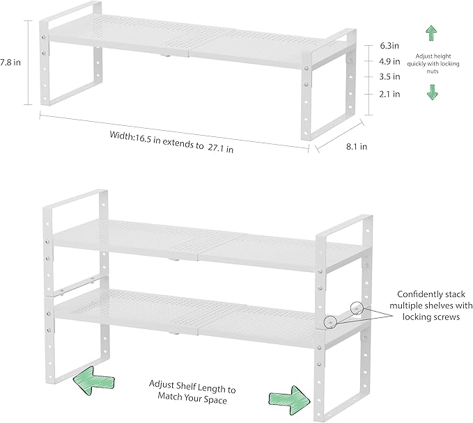 Expandable 16.5-27" W Metal Storage Rack, Shoe Rack with Borders. for Kitchen, Entryway, Closet or Office - Heavy-Duty Steel Construction