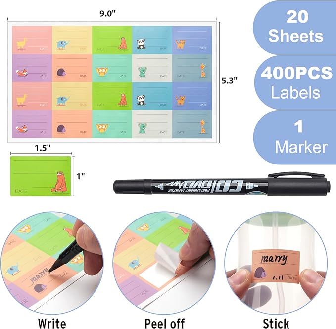 Waterproof Baby Bottle Label for Daycare Supplies,400PCS Removable Freezer Labels for Baby Food Containers, Breast Milk, Lunch Boxes, Organizing, Date Stickers to Write on-Sticky and Easy Peel Off
