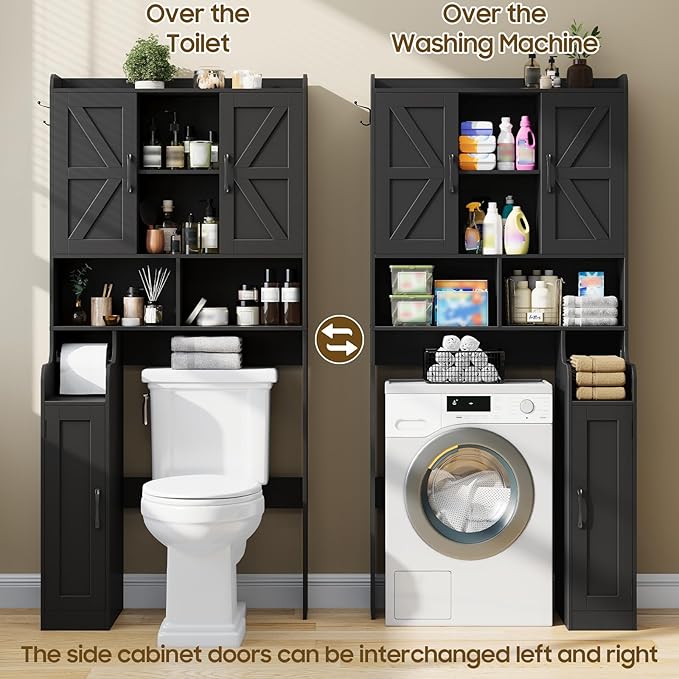 Over The Toilet Storage Cabinet, Bathroom Over Toilet Storage Organizer with Barn Doors and Paper Holder Stand Farmhouse Space Saving Rack Cabinet with Adjustable Shelves for Bathroom, Laundry (Black)