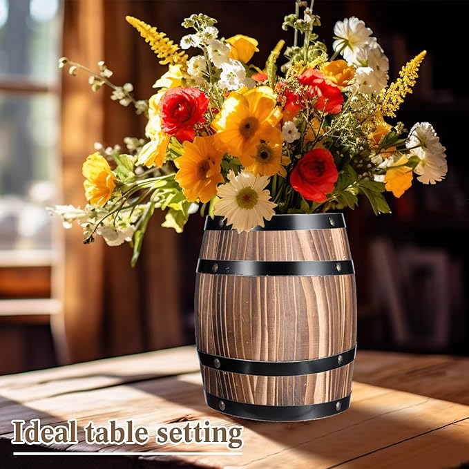 8" x 6.5" Wine Barrel Design Kitchen Utensil Crock with lid Large Wood Cooking Tool Holder for Kitchen Counter Rustic Organizer for Spatula Whiskey Barrel Storage Container Planter Decoration