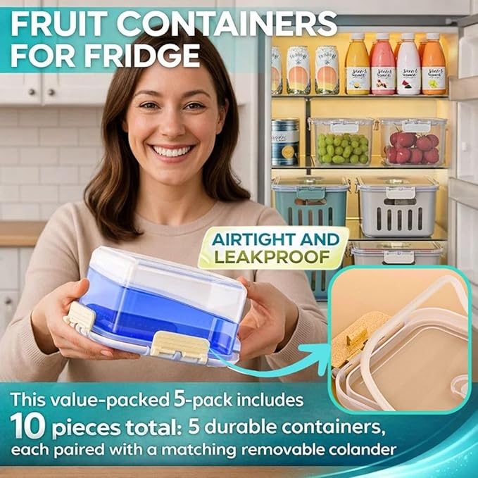 DAZZLEREE Fruit Containers for Fridge Keep Fresh, 5-Pack Produce Containers for Fridge with Lids, Meal Prep Containers, Food Organizer with Removable Colander, Microwave & Dishwasher Safe (White)
