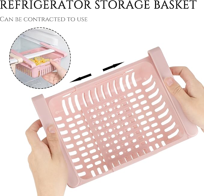 Refrigerator Drawer Organizer 2 Packs Retractable Drawer Storage Box, Unique Design Pull out Sliding Shelves Hanging Organizer (Pink Khaki)