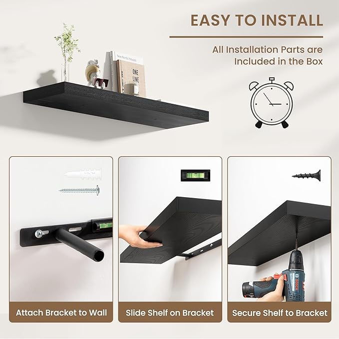 Dreamland Deep Floating Shelves, 8" Deep Long Shelves Set of 2, 40 Inches Floating Shelf for Wall,Large Display & Storage Shelf for Bathroom Bedroom Living Room Kitchen Office, Black