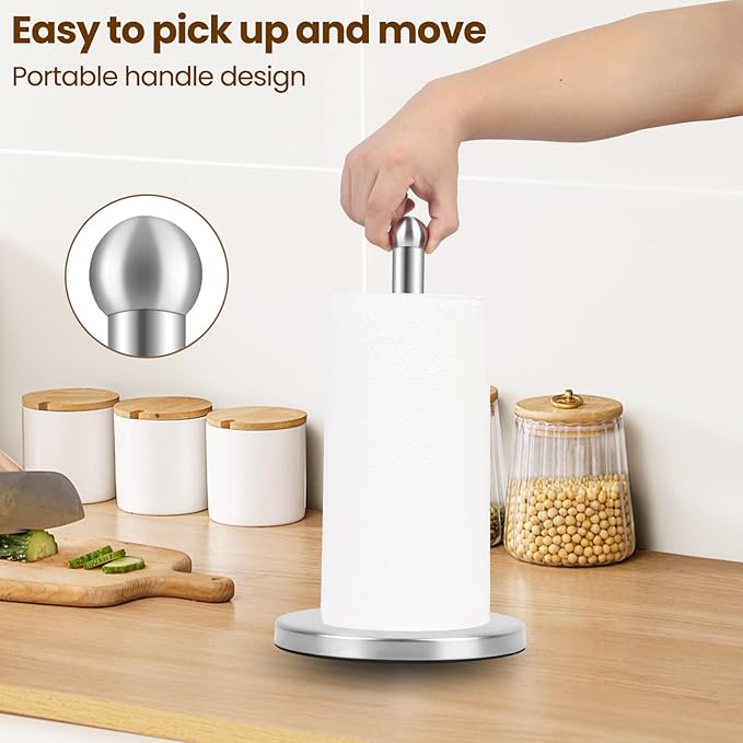 Paper Towel Holder, Kitchen Paper Towels Holder Stand, Stainless Steel Paper Towel Holder -Weighted Base, Non-Slip Protect The countertop - Silver
