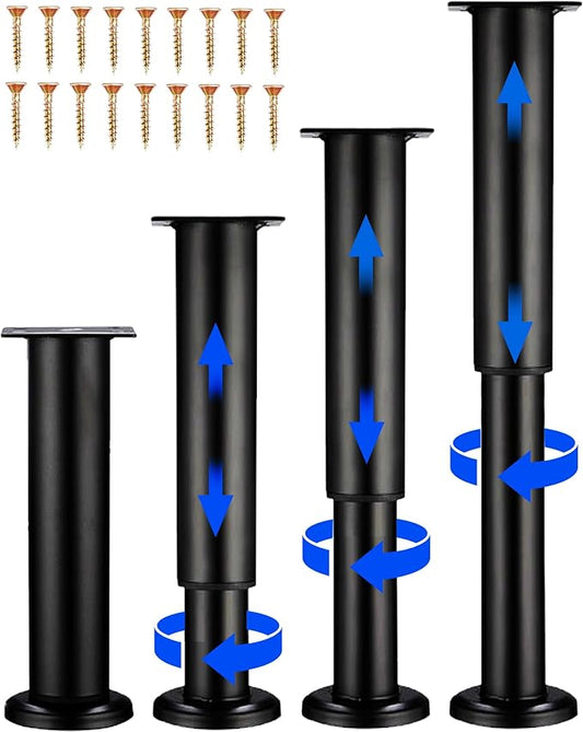 4 PCS Adjustable Height Bed Support Legs [with 18PCS Screws] for Bed Frame/Bed Center Slat, Heavy Duty Furniture Replacement Legs 7.08-12.2 inch for Sofa/Cabinet/Couch/Dresser/Table (Black)