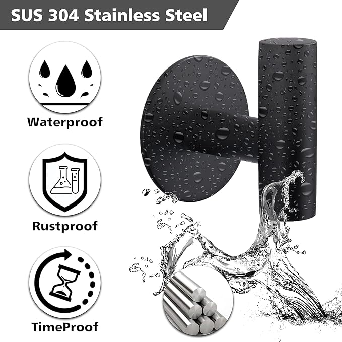 Bntuk Adhesive Towel Hooks, Heavy Duty Wall Hooks Stainless Steel Waterproof Shower Towel Hooks, Coat Hook for Hanging Clothes, Adhesive Hooks for Bathroom, Glass Window- 4 Pack, Black