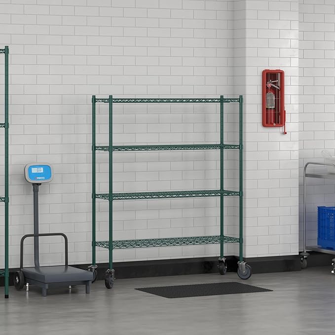 Commercial NSF Listed Green Epoxy Mobile Wire Shelving Kit 14" x 48" x 60", with 4 Shelves Perfect for Warehouse, Walk-in Refrigerator, Freezer, Grocery Store, Restaurant, Dishroom