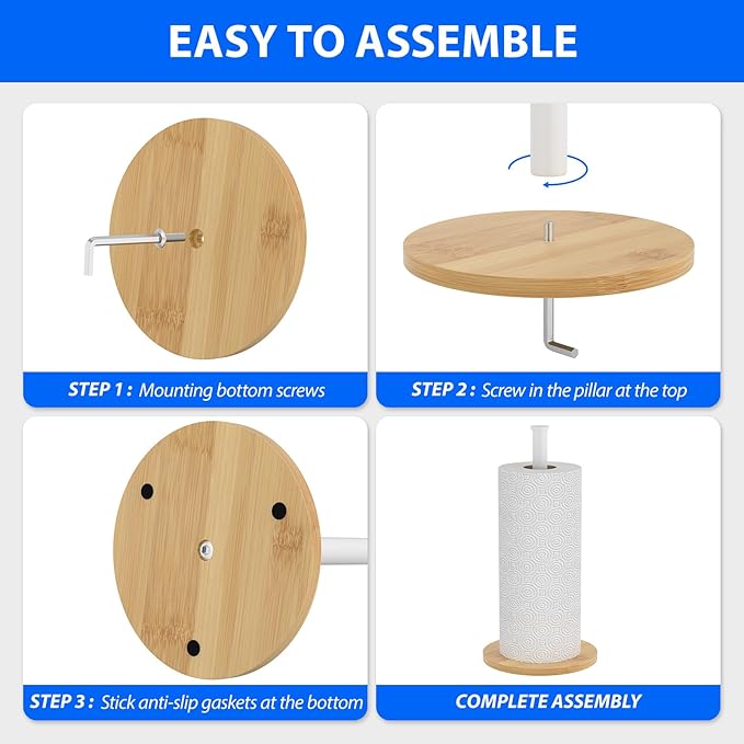 Paper Towel Holder Countertop, Weighted Wooden Base, Stainless Steel, FreeStanding, Easy Install, Durable, Ideal for Home,RV,Bathroom,Farmhouse Essentials Decor Accessories (White)