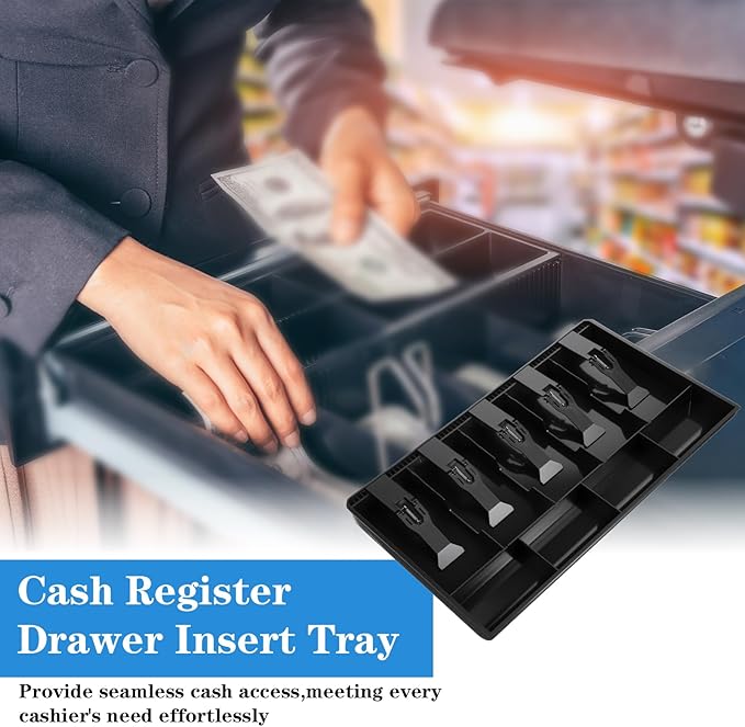 2 Pcs Cash Register Drawer Insert Tray Organizer with 5 Bill/4 Coin Compartments for Money Storage, Black
