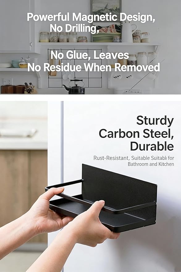 Magnetic Spice Rack for Refrigerator, Strong Hold Over Cabinet Spice Organizer, Kitchen Gadgets, No Drill Adjustable Magnetic Shelves with Tall Guardrail