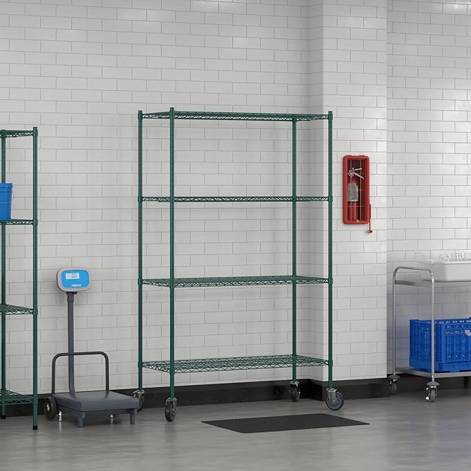 Commercial NSF Listed Green Epoxy Mobile Wire Shelving Kit 21" x 48" x 80", with 4 Shelves Perfect for Warehouse, Walk-in Refrigerator, Freezer, Grocery Store, Restaurant, Dishroom