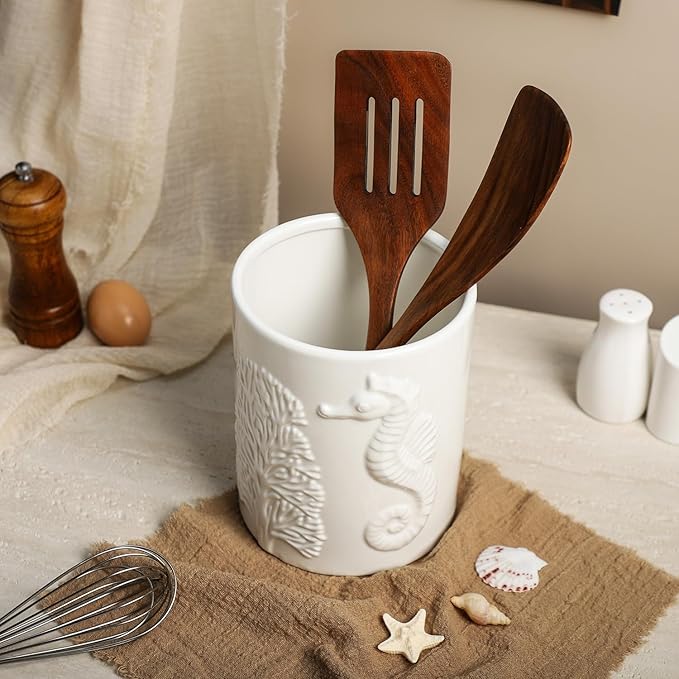 Ceramic White Seahorse Embossed Pattern Kitchen Utensil Holder, Large Cooking Utensil Crocks for Countertop, Ocean Style Utensil Organizer for Spatula and Home