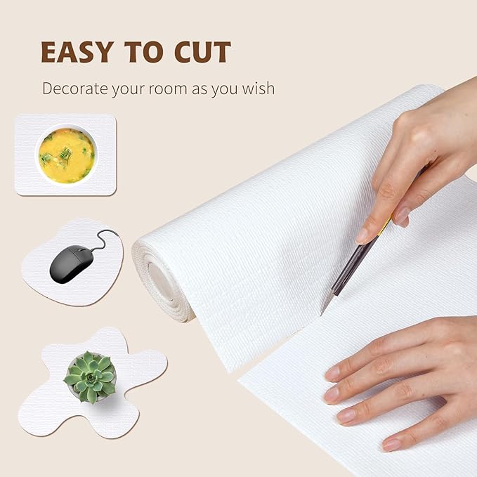 Shelf Liners for Kitchen Cabinets 12in x 39.37FT Non Adhesive Drawer Liner Pure White Thickened Shelf Liner Strong Non-Slip Easy to Clean for Tool Box Refrigerator with Knife and Tape Measure