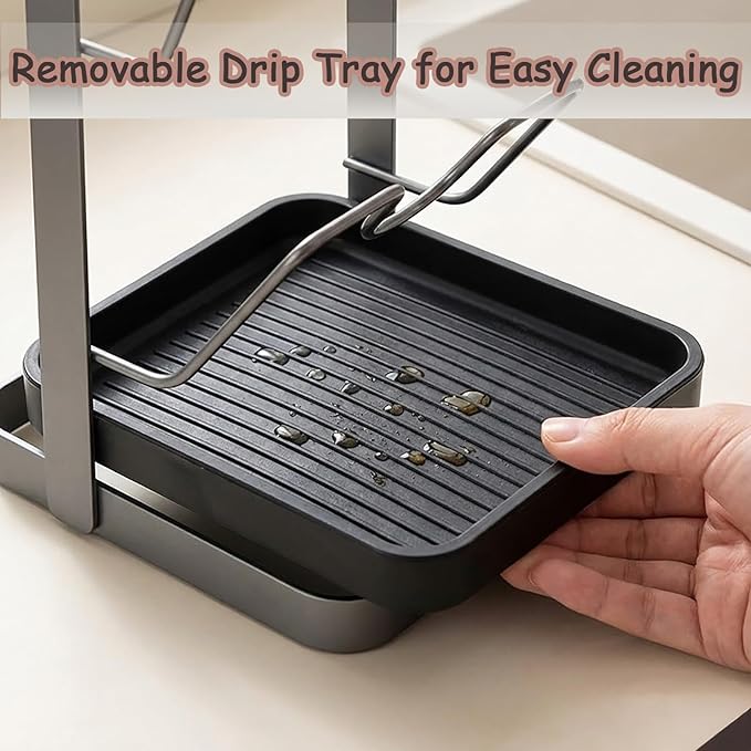 Kitchen Pot Lid Storage Rack, Multifunctional Holder While Cooking, Secure U-Shaped Slots Spoon Rest & Cutting Board Organizer, Removable Drip Tray for Countertop Stove Top (Black1)