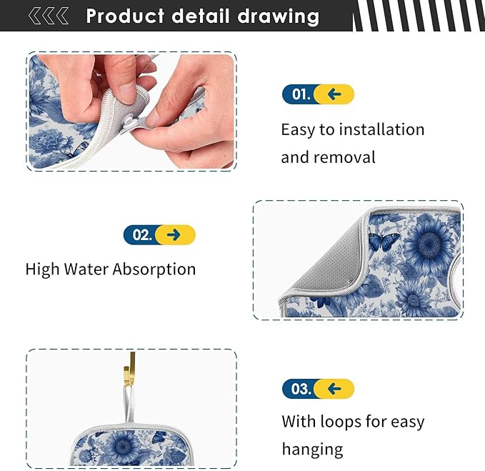 2 PCS Kitchen Sink Splash Guard 14.9 Inch Faucet Mat for Kitchen Sink Bathroom Sink Faucet Absorbing Drip Drain Mat Pad Microfiber Soft Washable Vintage Beige and Blue Sunflowers Butterflies