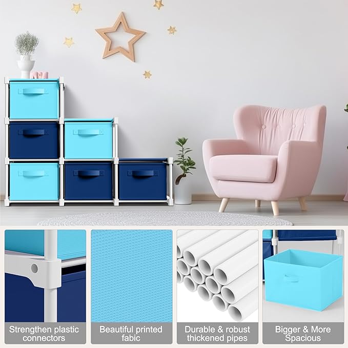 Thyle Large Cube Storage Organizer Shelf with 6 Bins 14 Inch Fabric Collapsible Cubby Storage Drawers Shelving Unit for Christmas Ornaments Clothes Toys Craft(Dark Blue,Light Blue,Colorful)