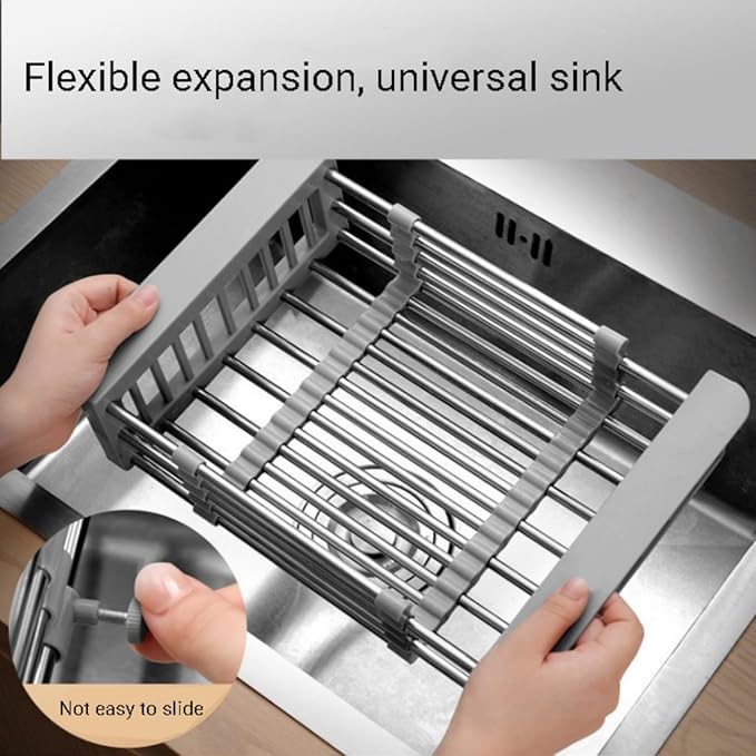 Extendable Stainless Steel Kitchen Sink Drain Basket, Retractable Dish Drying Rack, Over The Sink Drainer, Space-Saving Stainless Drain Rack, Extended/Adjustable for Dishes, Fruits, Vegetables, Large