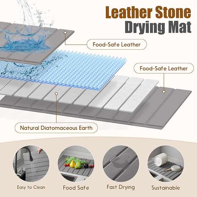 Dish Drying Mat，Stone Drying Mat for Kitchen Counter，Heat Resistant and Super Absorbent Foldable Bath mats,Made of Diatomaceous Earth and Leather.24.8"×15.7" Light Grey