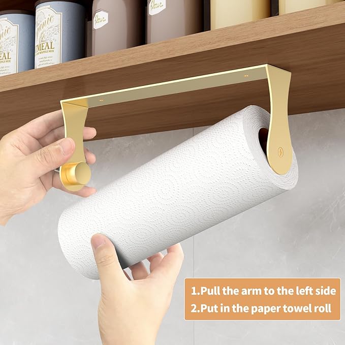 Gold Paper Towel Holder Under Cabinet, Gold Kitchen Accessories Decor, Stainless Steel, Wall Mount Paper Towel Holder for Bathroom, Adhesive or Screws