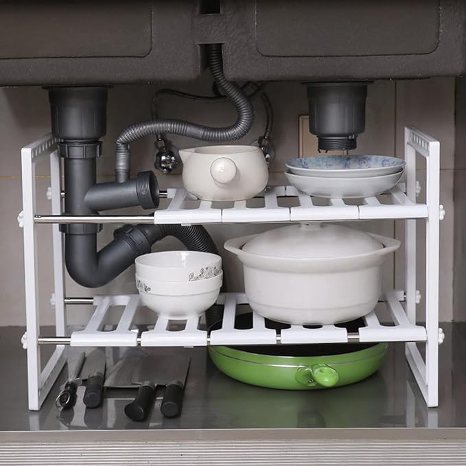 Under Sink Organizer Shelf, 2 Tier Expandable Under Sink Shelf, Retractable Multifunction Under Sink Cabinet Storage Shelf Rack for Kitchen Bathroom