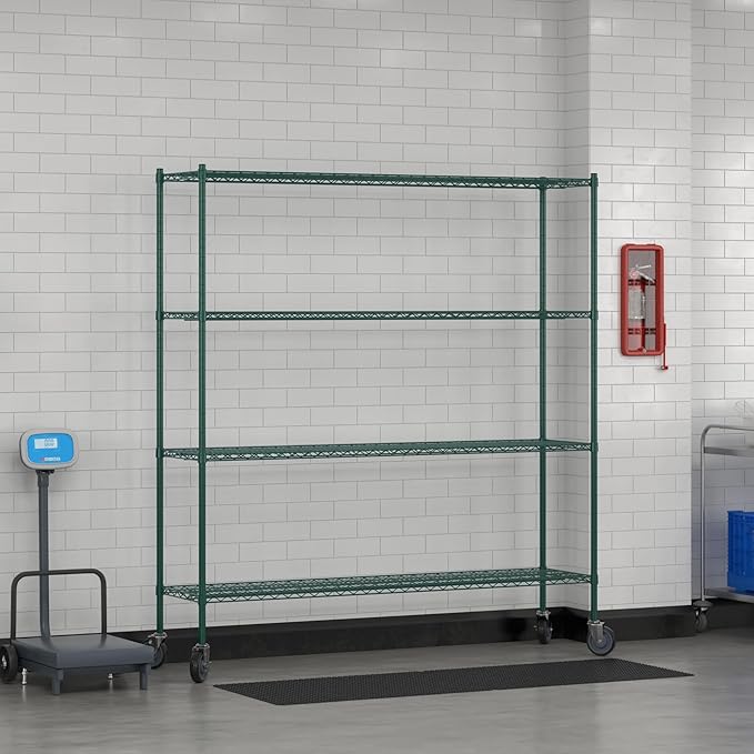 Commercial NSF Listed Green Epoxy Mobile Wire Shelving Kit 18" x 72" x 80", with 4 Shelves Perfect for Warehouse, Walk-in Refrigerator, Freezer, Grocery Store, Restaurant, Dishroom