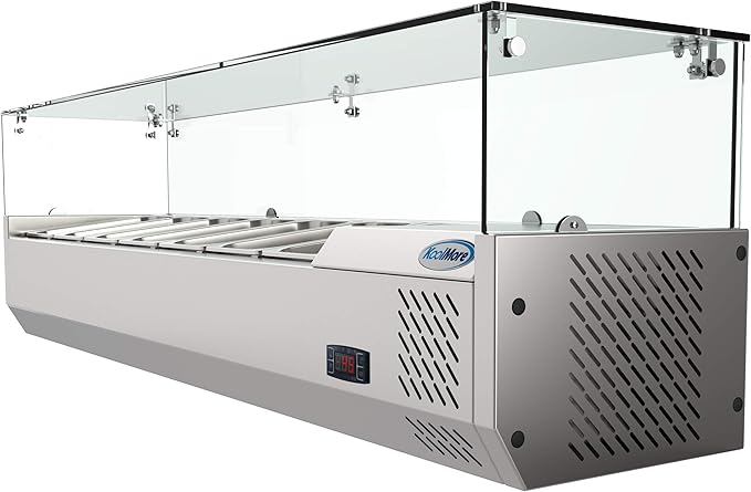 KoolMore Refrigerated Countertop Condiment Prep Station with Glass Sneeze Guard - Includes Seven 1/4 Pans, Silver, 59 Inch (SCDC-7T)