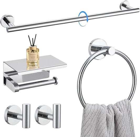 5-Piece Towel Bar Set Polish Chrome Bathroom Hardware Accessories Set Upgraded Toilet Paper Holder with Shelf Towel Holder Set for Bathroom Stainless Steel Wall Mounted