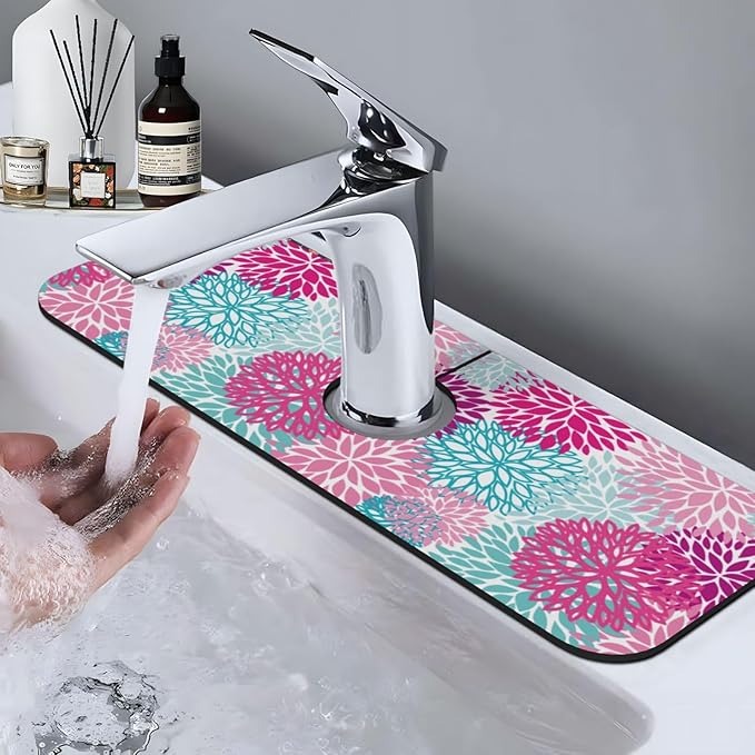 Dahlia Bright Flower 15" X 5.5" Kitchen Sink Splash Guard Faucet Faucet Guard Draining Mat Sink Splash Guard Faucet Kitchen Bathroom