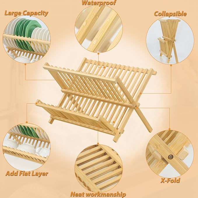 Bamboo Dish Drying Rack, Collapsible 2-Tier Dish Drainer Kitchen Plate Rack for Kitchen Countertop Foldable
