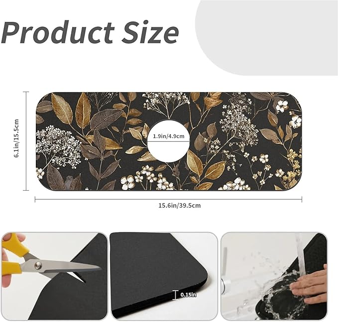 Kitchen Sink Splash Guard，small-flowers and leaves- Faucet Mat Sink Gadgets-Super Absorbent Fast Drying Mat Drip Catcher for Kitchen, Bathroom,Sink Mat, Dish Drying Mat, Bathroom(15" X 5.5" )