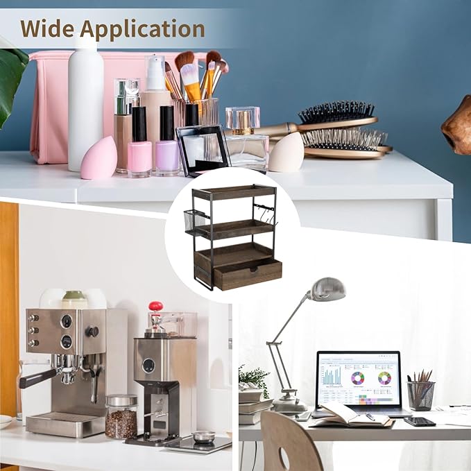 3 Tier Bathroom Countertop Organizer with Drawer, Wood Metal Vanity Shelf with Basket and Hooks, Countertop Storage Rack for Skincare, Perfume, Makeup, Kitchen Coffee Bar