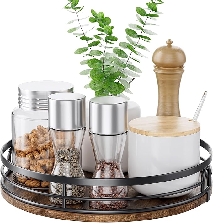 LAMU 9'' Lazy Susan Turntable Organizer for Cabinet, Round Wood Lazy Susan for Table Top, Kitchen, Countertop, Pantry, Spice, Bathroom Vanity, Coffee, Decor