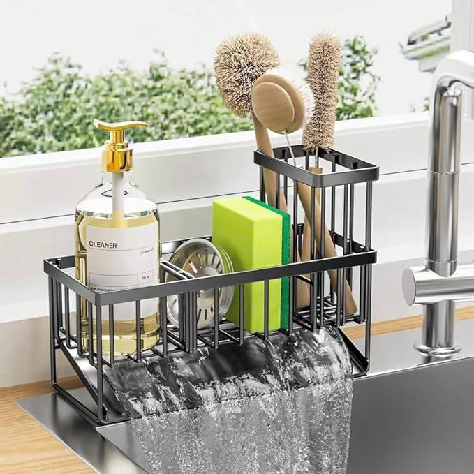 Kitchen Sink Caddy, Black Metal Wire Basket with Drip Tray, Sponge Holder for Dish Soap and Brushes, 9.1x3.7x6.2 inches (Black)