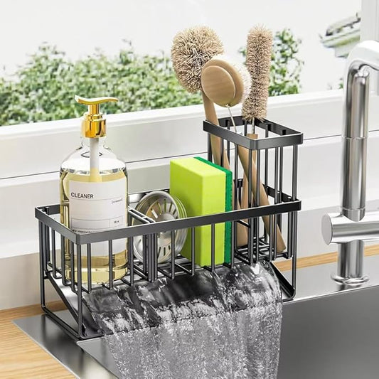 Kitchen Sink Caddy, Black Metal Wire Basket with Drip Tray, Sponge Holder for Dish Soap and Brushes, 9.1x3.7x6.2 inches (Black)