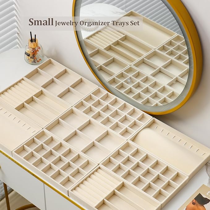 Jewelry Trays Organizer for Drawer, 9 Set of Small Jewelry Display Case Storage Velvet Stackable Drawer Inserts Organizer for Necklaces Bracelets Earrings Rings (Beige)