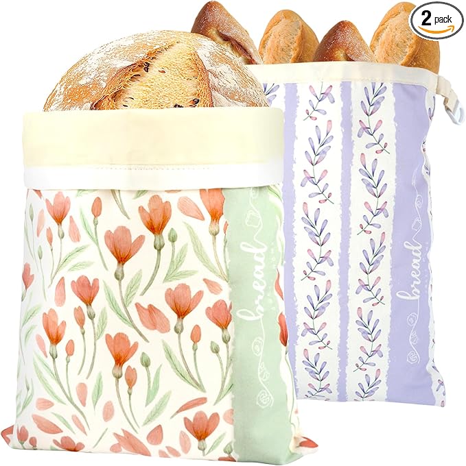 Bread Bags for Homemade Bread, 2 Pack Reusable Beeswax Linen Cotton Sourdough Bag, Freezer Safe, Large Loaf Storage Bags to Keep Fresh, Bakery Essentials