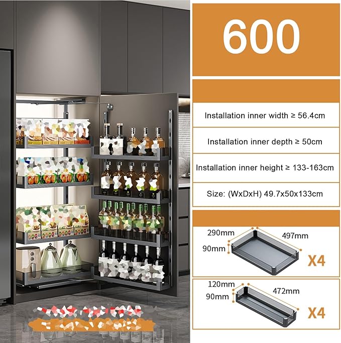 WIGING 4-Tier Narrow Cabinet Pull-Out Basket, High Cabinet Pull-Out Storage Rack with Adjustable Dividers for Kitchen Bathroom Pantry, Single-Layer Load Capacity: 15kg(49.7x50x133cm)