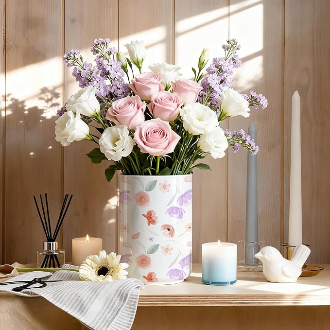 Wildflowers Utensil Holder,Countertop Ceramic Utensil Holder,Large Cooking Utensil Crocks for Kitchen Counter Decor,Ceramic Vase for Kitchen Utensils,6.3"+4.7"(Flower Language)